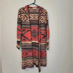 Altar’d State Cotton Blend Open Front Hooded Aztec Cardigan(M)